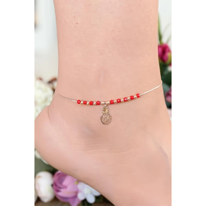 Kırmızı Renk Miyuki Taşlı Ananas Figürlü Metal Hal Hal