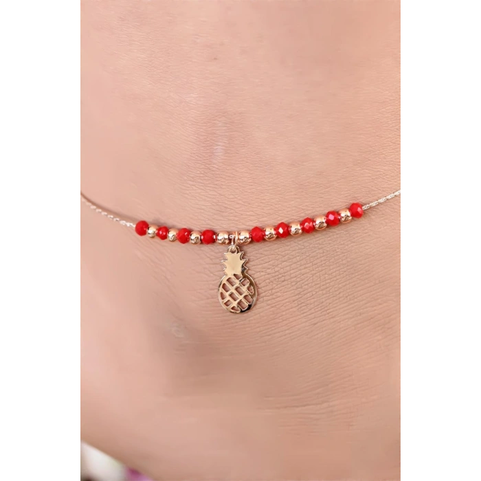 Kırmızı Renk Miyuki Taşlı Ananas Figürlü Metal Hal Hal