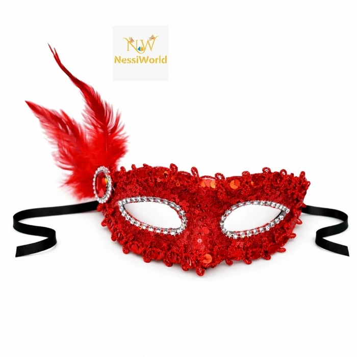 Kırmızı Taşlı Venedik Parti Maskesi – Tüylü Payetli