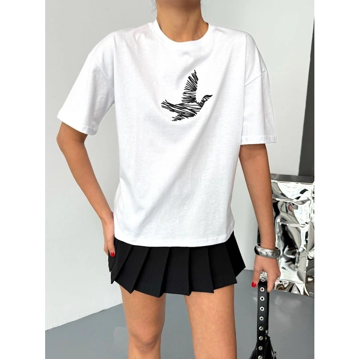 KISA KOL BASKILI T-SHİRT - BEYAZ