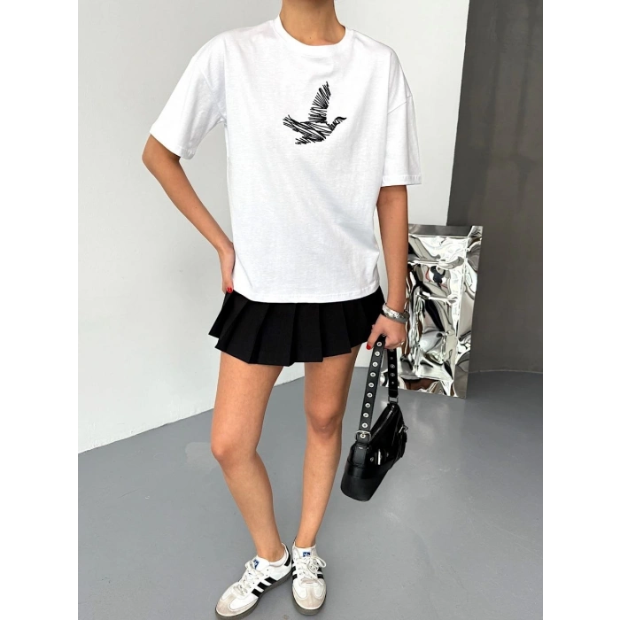 KISA KOL BASKILI T-SHİRT - BEYAZ