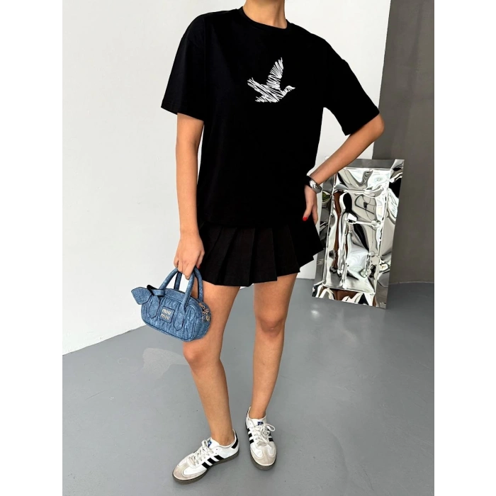 KISA KOL BASKILI T-SHİRT - SİYAH