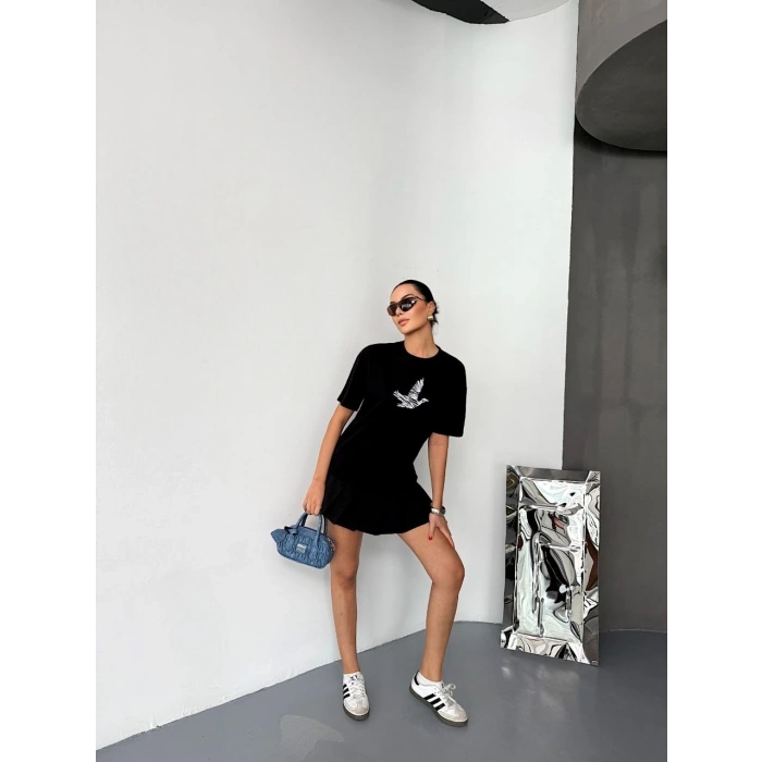 KISA KOL BASKILI T-SHİRT - SİYAH