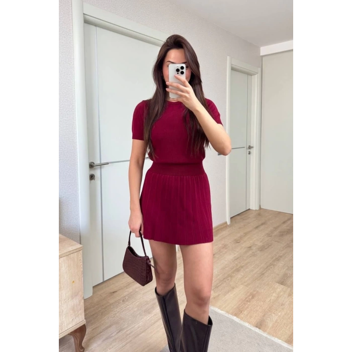 KISA KOLLU BLUZ MİNİ ETEKLİ İKİLİ TAKIM TRİKO - BORDO
