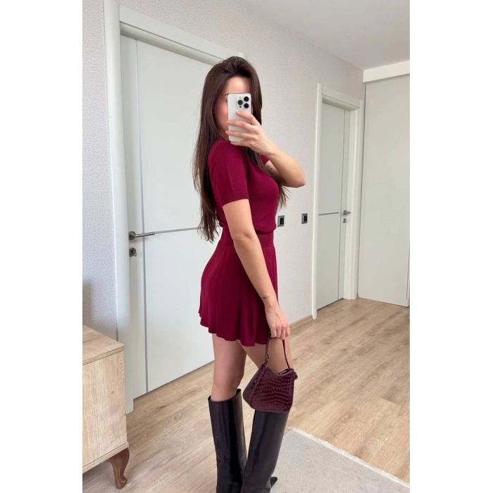KISA KOLLU BLUZ MİNİ ETEKLİ İKİLİ TAKIM TRİKO - BORDO