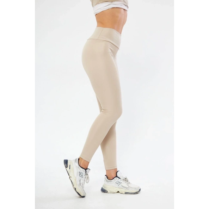 Kışlık Yüksek Bel Toparlayicı ve Sıkılaştırıcı Likralı Şardonlu Tayt - Bej