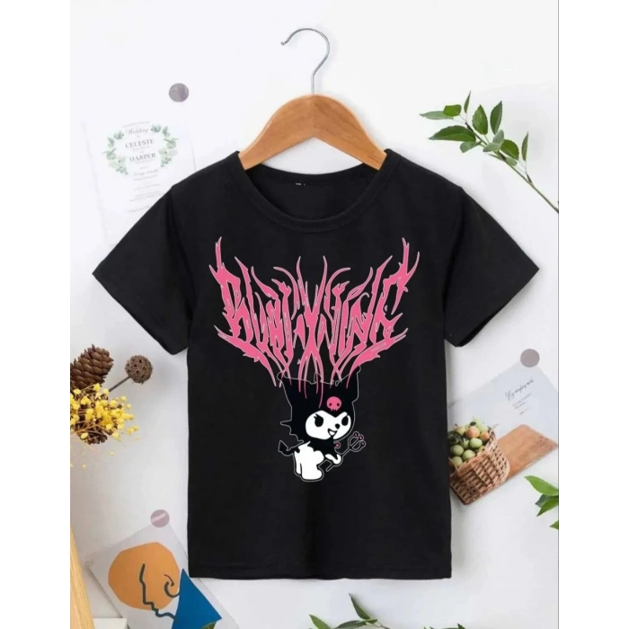 KIZ ÇOCUK BİSİKLET YAKA BASKILI T-SHİRT - SİYAH