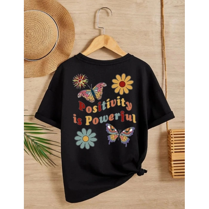 Kız Çocuk Bisiklet Yaka Baskılı T-Shirt - Siyah