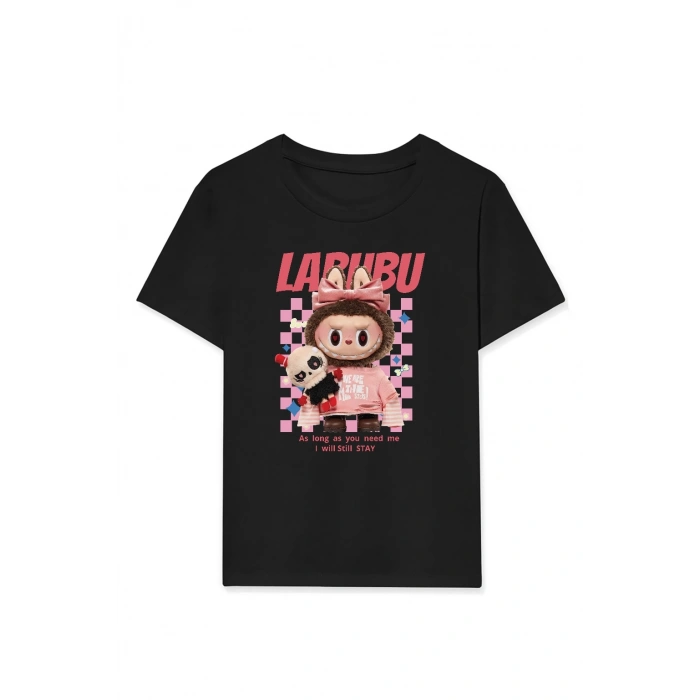 KIZ LABUBU ÇOCUK BASKILI T-SHİRT - SİYAH