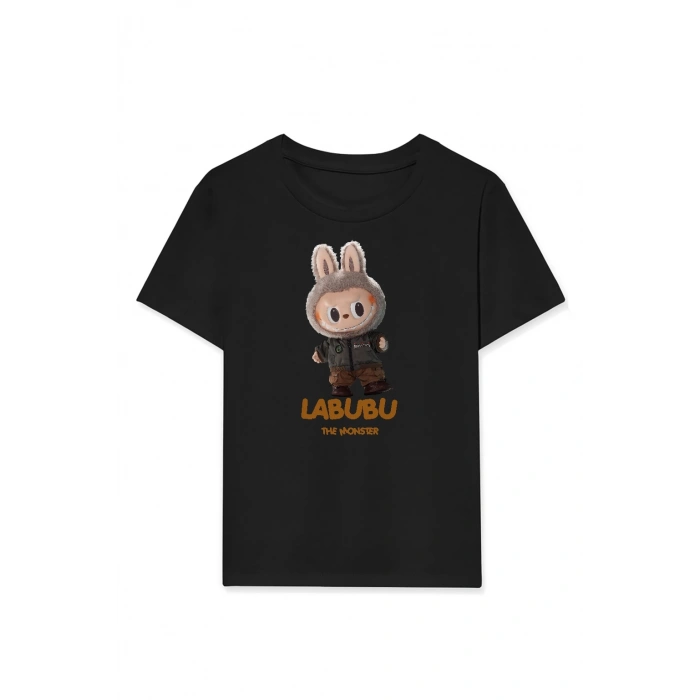 Kız Labubu Çocuk Baskılı T-Shirt - Siyah