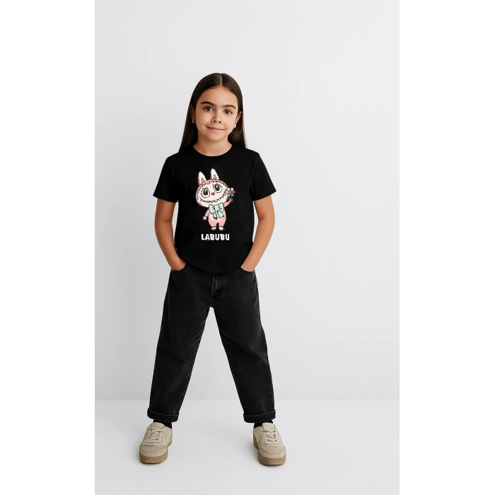 KIZ LABUBU ÇOCUK BASKILI T-SHİRT - SİYAH