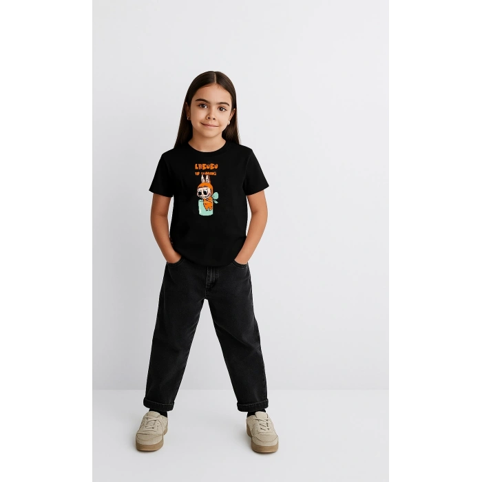 KIZ LABUBU ÇOCUK BASKILI T-SHİRT - SİYAH