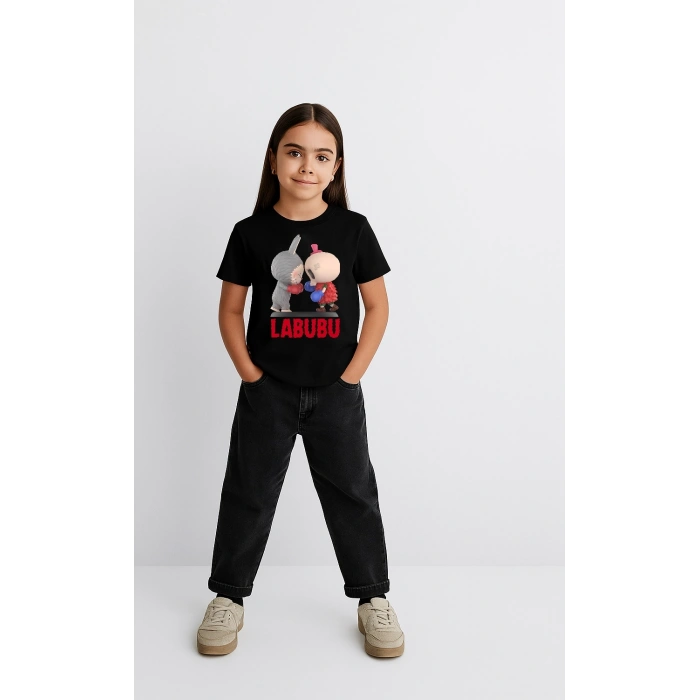 KIZ LABUBU ÇOCUK BASKILI T-SHİRT - SİYAH
