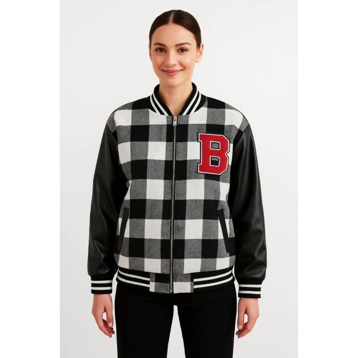 Kadın Kolej Ceket – Kareli Oduncu Kumaş, Kolları Suni Deri, Fermuarlı, İçi Kapitone Astarlı, Nakışlı Oversize Bahar & Kış Stil - Gri