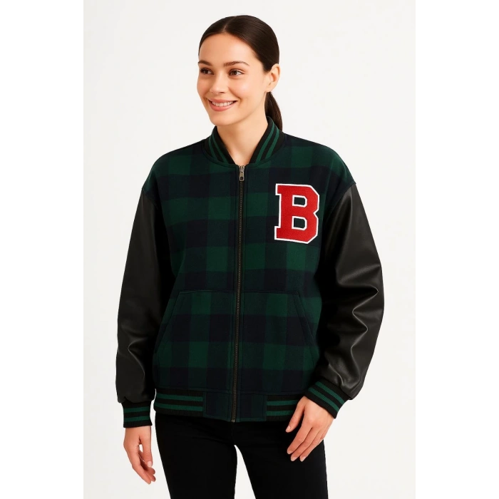 Kadın Kolej Ceket – Kareli Oduncu Kumaş, Kolları Suni Deri, Fermuarlı, İçi Kapitone Astarlı, Nakışlı Oversize Bahar & Kış Stil - Haki