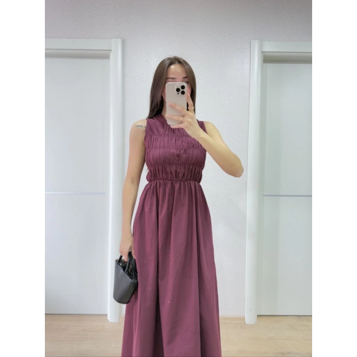 KOLSUZ GÖĞÜS LASTIKLI %100 POPLİN UZUN ELBİSE - BORDO