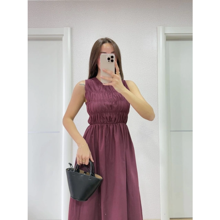 KOLSUZ GÖĞÜS LASTIKLI %100 POPLİN UZUN ELBİSE - BORDO