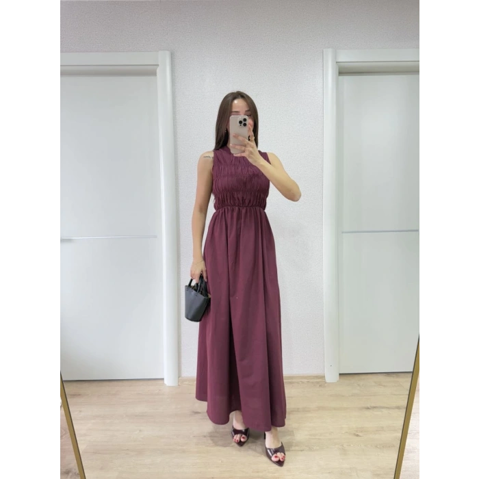 KOLSUZ GÖĞÜS LASTIKLI %100 POPLİN UZUN ELBİSE - BORDO