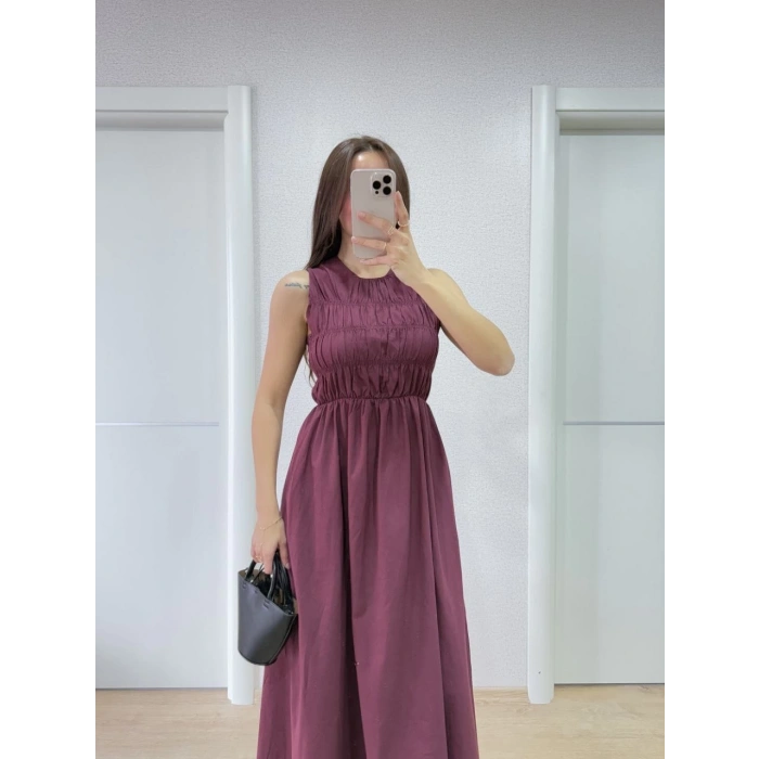 KOLSUZ GÖĞÜS LASTIKLI %100 POPLİN UZUN ELBİSE - BORDO