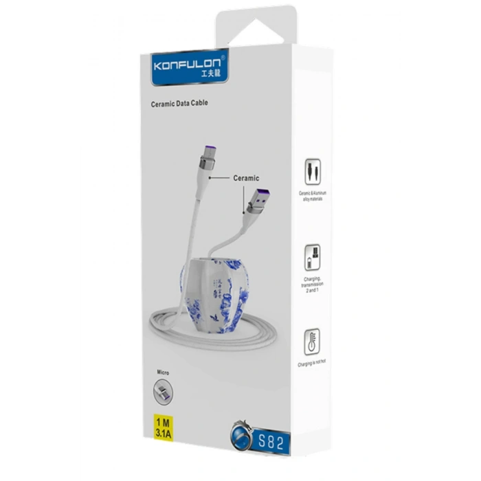 Konfulon S82 Seramik Uçlu Micro USB Kablo 1M 3.1A - Beyaz