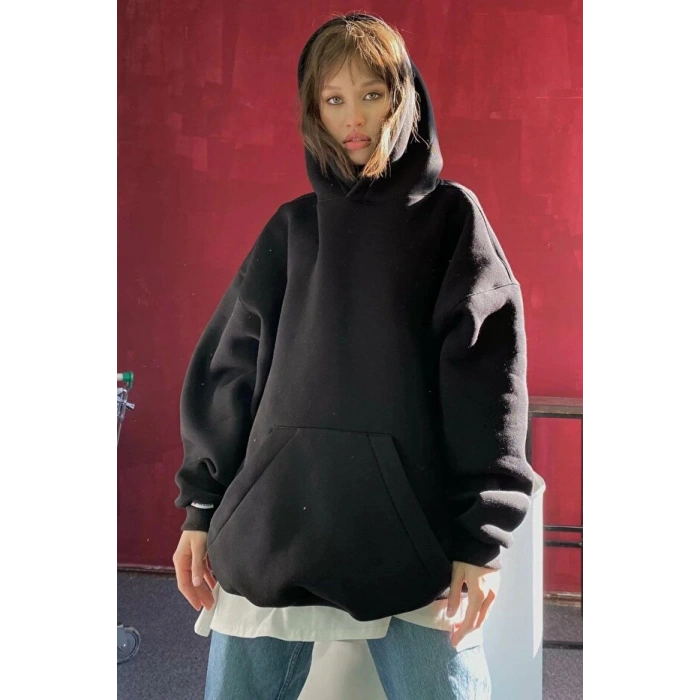 Koyu Siyah Kapüşonlu Şardonlu Oversize Sweatshirt MG1566