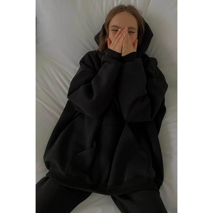 Koyu Siyah Kapüşonlu Şardonlu Oversize Sweatshirt MG1566