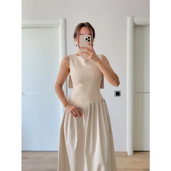 KREP ARKASI KANAT ARKA ÖN PENS DETAYLI UZUN KADIN ELBİSE - BEJ