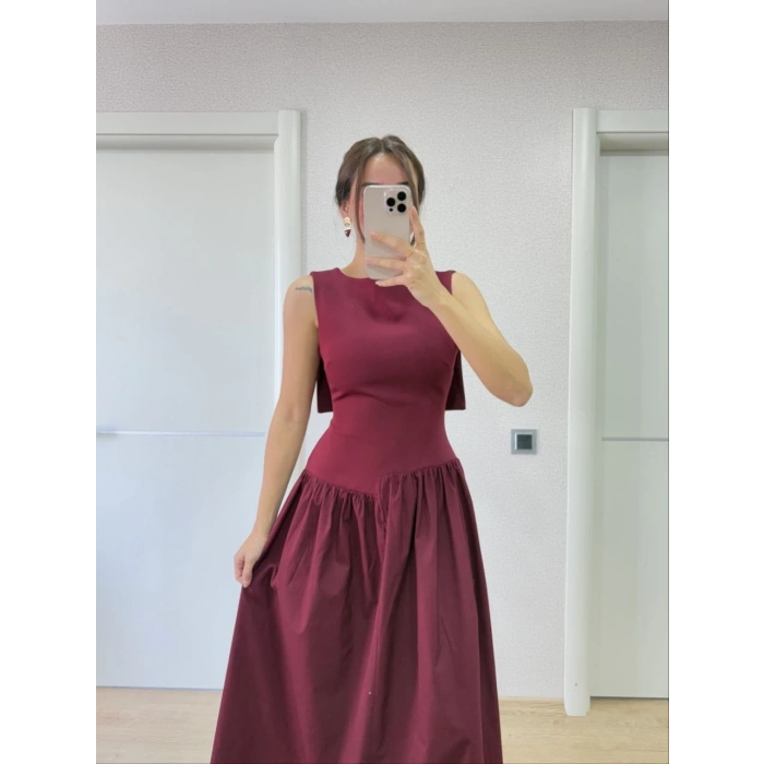 KREP ARKASI KANAT ARKA ÖN PENS DETAYLI UZUN KADIN ELBİSE - BORDO