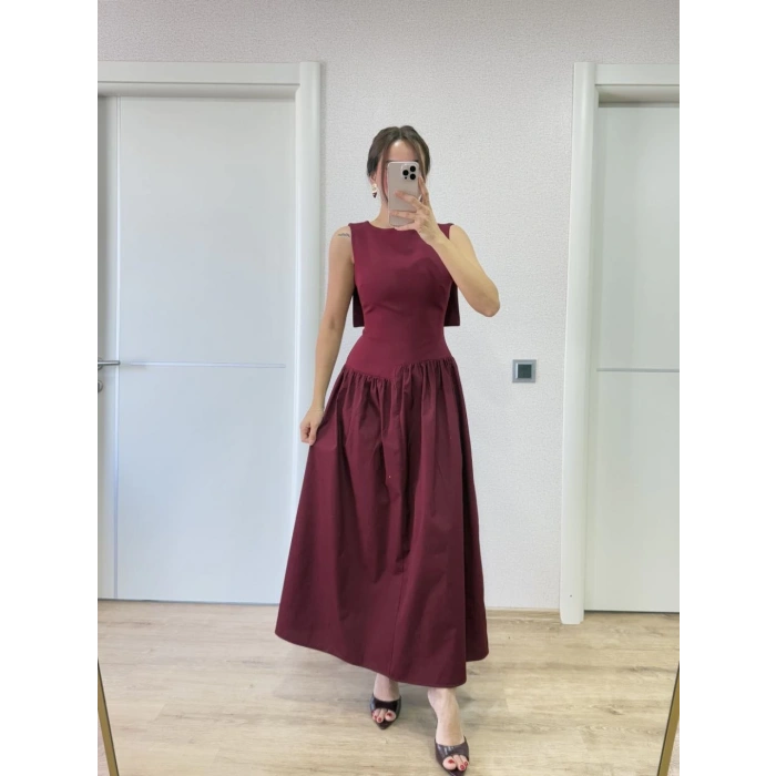 KREP ARKASI KANAT ARKA ÖN PENS DETAYLI UZUN KADIN ELBİSE - BORDO