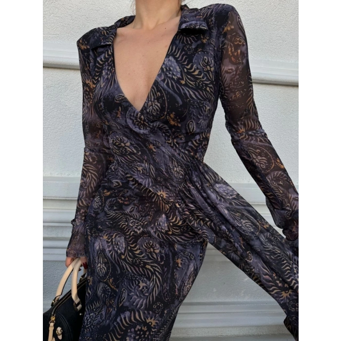 KRUVAZE V YAKA, FIRFIRLI VE BAĞCIKLI DESENLİ BLUZ VE MİDİ ETEK TAKIM - SİYAH