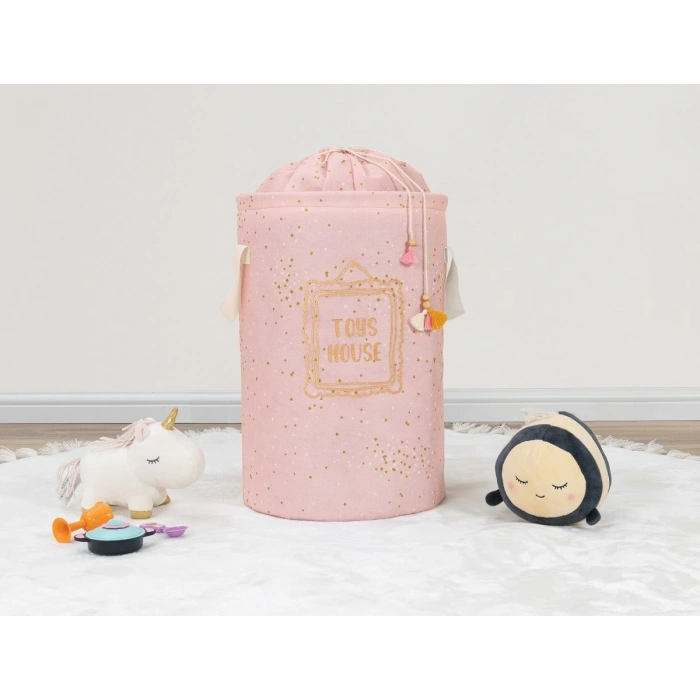 Kullanımı Kolay Desenli Taşınabilir Torbalı Yuvarlak Sepet(Pembe) Çamaşır Sepeti 04270