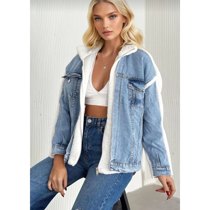Kürklü kot ceket mavi t7009