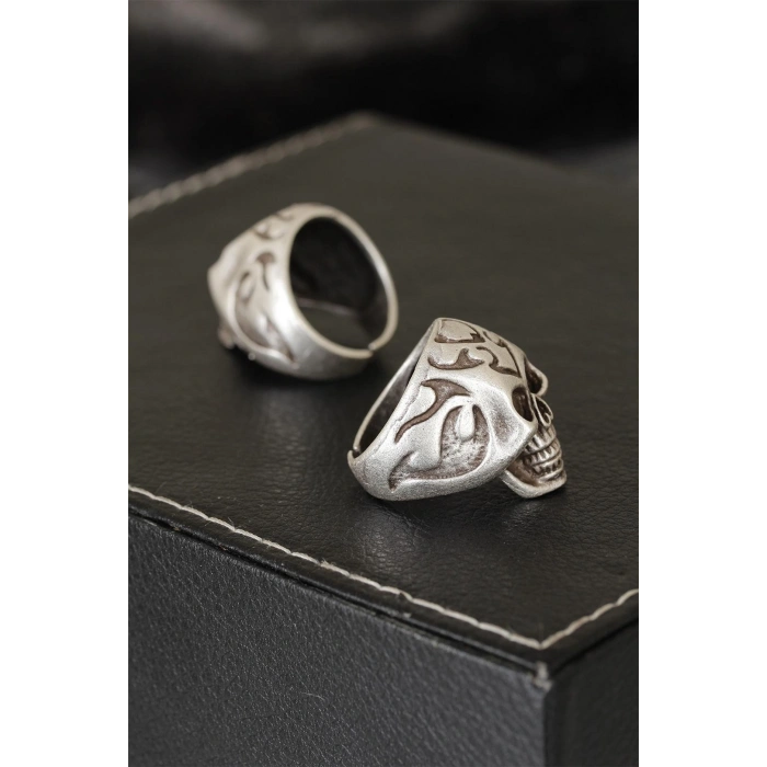 Kuru Kafa Tasarımlı Eskitme Gümüş Desenli Ayarlamalı Model Erkek Yüzük