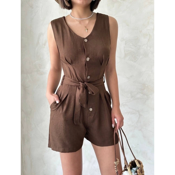 Kuşaklı şortlu tulum