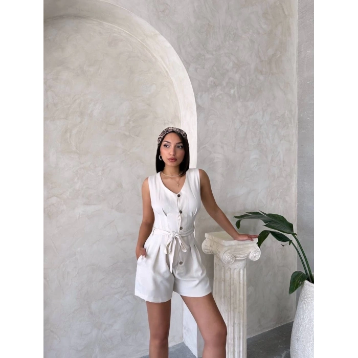 Kuşaklı şortlu tulum