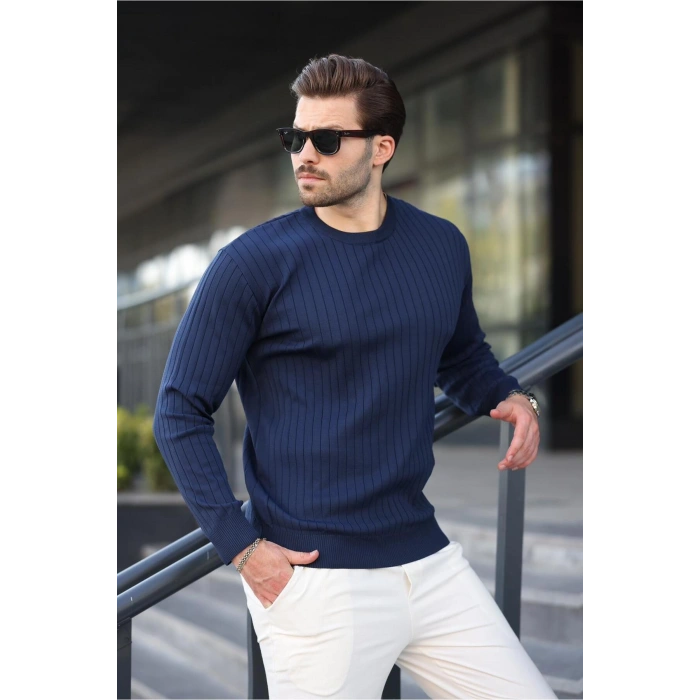 Lacivert Bisiklet Yaka Çizgili Uzun Kollu Kazak E7273