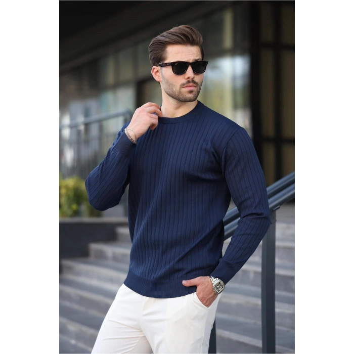 Lacivert Bisiklet Yaka Çizgili Uzun Kollu Kazak E7273