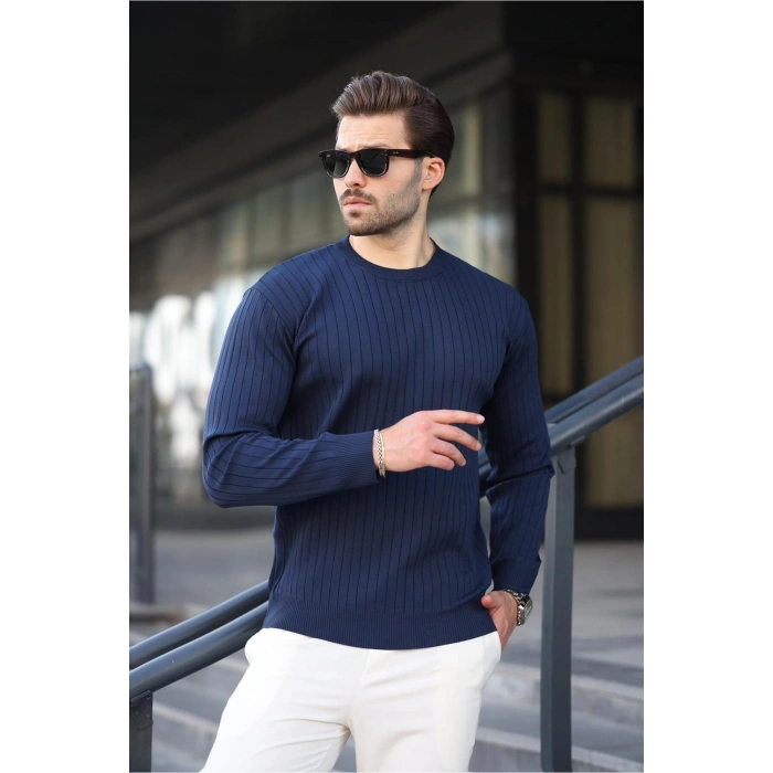 Lacivert Bisiklet Yaka Çizgili Uzun Kollu Kazak E7273