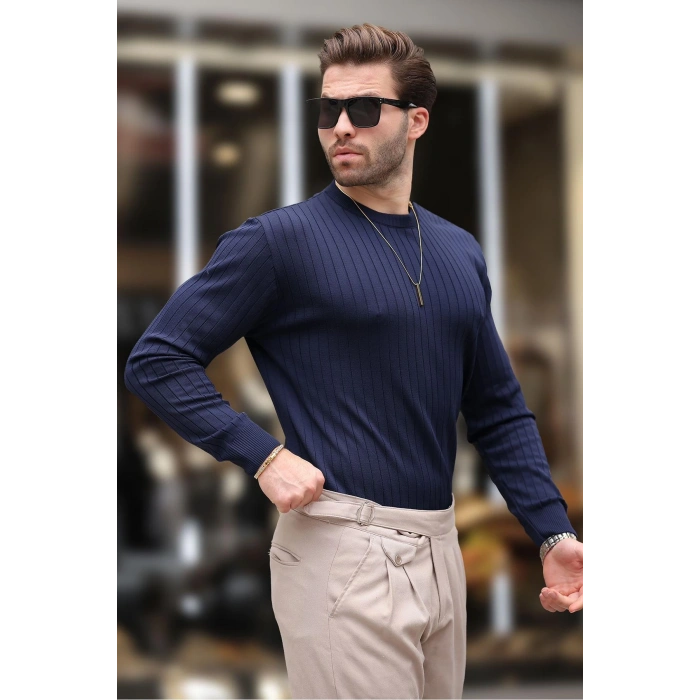 Lacivert Bisiklet Yaka Çizgili Uzun Kollu Kazak E7273