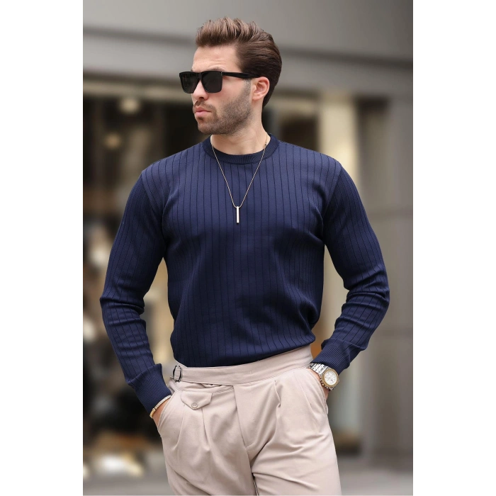 Lacivert Bisiklet Yaka Çizgili Uzun Kollu Kazak E7273