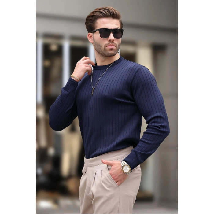 Lacivert Bisiklet Yaka Çizgili Uzun Kollu Kazak E7273