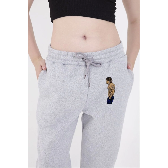 LASTİKLİ ÜÇ İPLİK BASKILI EŞOFMAN PANTOLON - GRİ