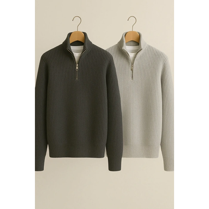 2 al 1 öde avantajlı set erkek selanik örme yarım fermuarlı kışlık kazak