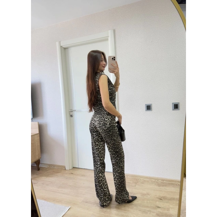 LEOPAR DESENLİ DÜĞMELİ BLUZLU PANTOLON İKİLİ TAKIM -LEOPAR