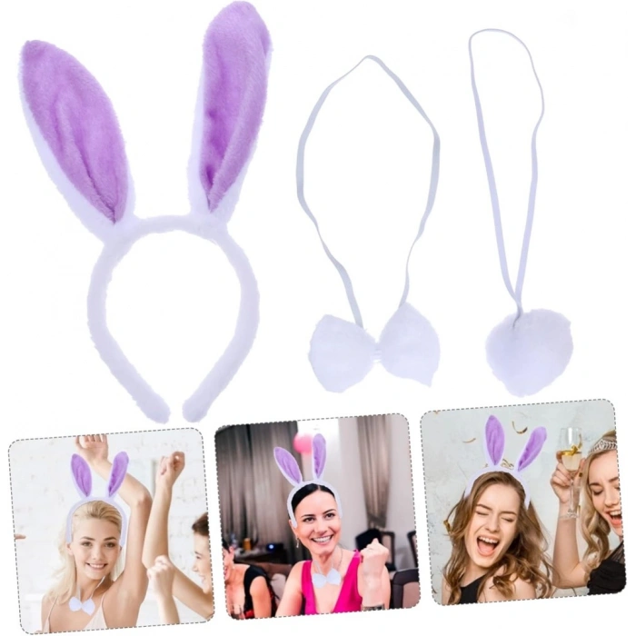 Lila Mor Tavşan Kulak Papyon Kuyruk 3 lü Parti Seti