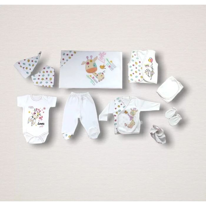 Love Zürafa Nakışlı  10Lu Zıbın Takımı Hastane Çıkışı Ekru