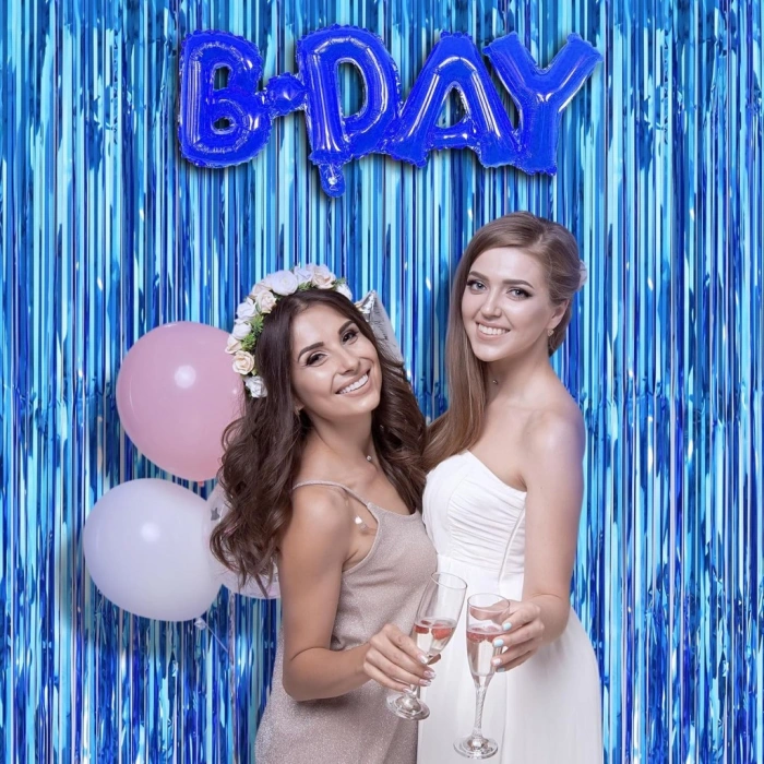 Mavi Renk Ekstra Metalize Parlak Saçaklı Arka Fon Perde İthal A Kalite 1x2 Metre NessiWorld