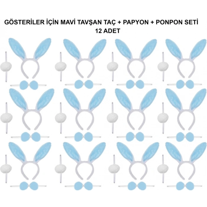 Mavi Tavşan Kostüm Seti – Taç, Papyon, Ponpon (12’li Paket)