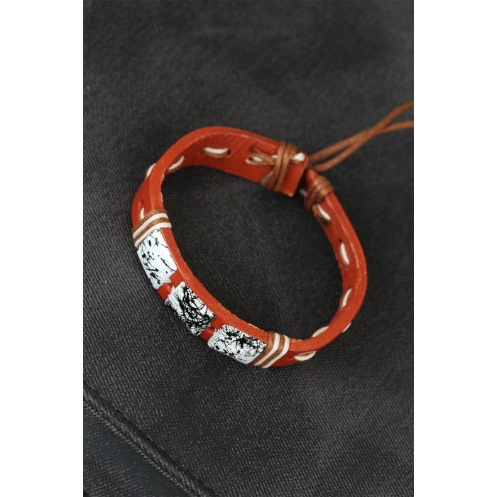 Mermer Taşlı Kahverengi Deri Erkek Bileklik