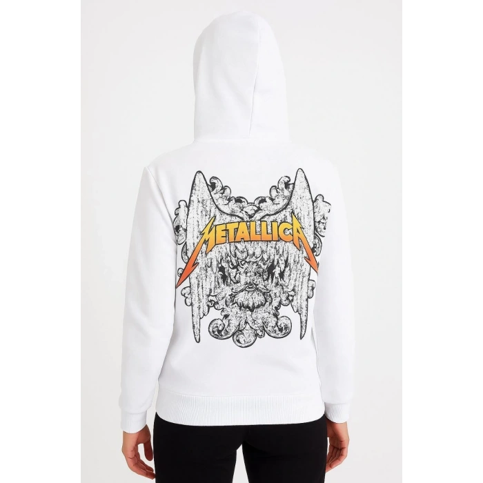 Metallica İki İplik Kapüşonlu Ön ve Arka Baskılı hoodie - Beyaz
